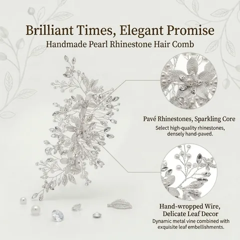 Pettine per Capelli Sposa Fatto a Mano con Perle Artificiali e Strass Forma di Fiore e Foglia in Lega di Metallo per Matrimonio Donna