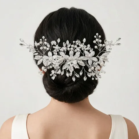 Pettine per Capelli Sposa Fatto a Mano con Perle Artificiali e Strass Forma di Fiore e Foglia in Lega di Metallo per Matrimonio Donna