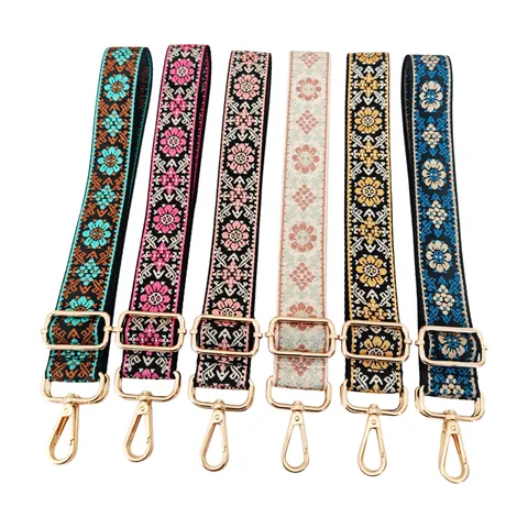 Wide Bag Shoulder Strap Replacement Adjustable Poly Cotton Jacquard Floral Pattern Ethnic Style Crossbody Handbag Belt Metallic Buckle