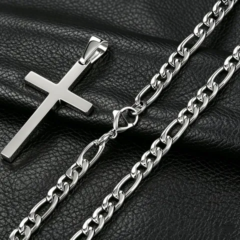 Heren 304 Roestvrij Staal Kruis Hanger Halsketting Gepolijste Figaro Ketting Minimalistische Religieuze Sieraden Cadeau Unisex