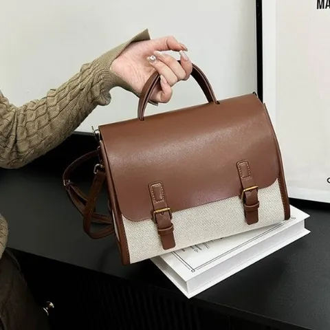 Retro Leinwand Spleißen PU Leder Umhängetasche Für Damen Vintage Satchel Handtasche Mit Verstellbarem Riemen Alltag