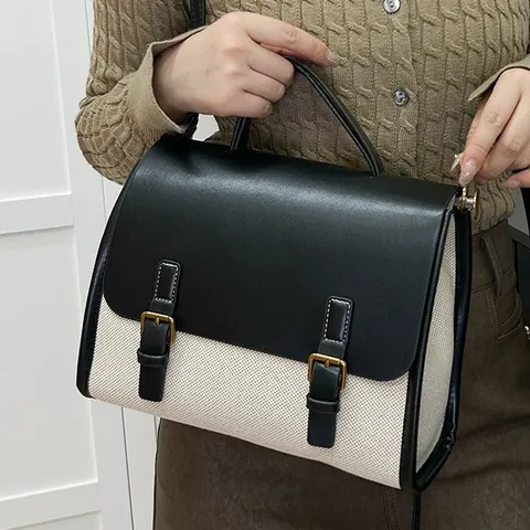 Retro Leinwand Spleißen PU Leder Umhängetasche Für Damen Vintage Satchel Handtasche Mit Verstellbarem Riemen Alltag