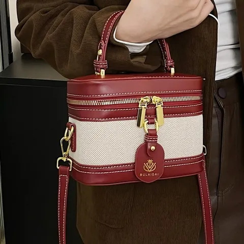 Retro Contrast Color Stitching Canvas PU Leather Vanity Box Bag Women Fashion Square Top Handle Crossbody Shoulder Bag
