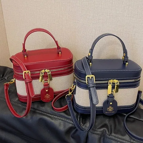 Retro Contrast Color Stitching Canvas PU Leather Vanity Box Bag Women Fashion Square Top Handle Crossbody Shoulder Bag