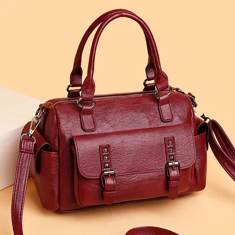 Damen Vintage PU Leder Handtasche Große Kapazität Boston Schultertasche Mit Nieten Und Schnallen Crossbody Umhängetasche