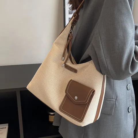 Vintage Damen Segeltuch Patchwork PU Leder Umhängetasche Retro Hobo Achseltasche Große Kapazität Tote Bag Mit Vordertasche