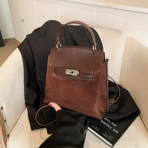Bolso Bandolera de Mujer Vintage de Cuero de PU Esmerilado Empalmado Forma de Trapecio con Cierre Metálico Asa Superior Correa de Hombro