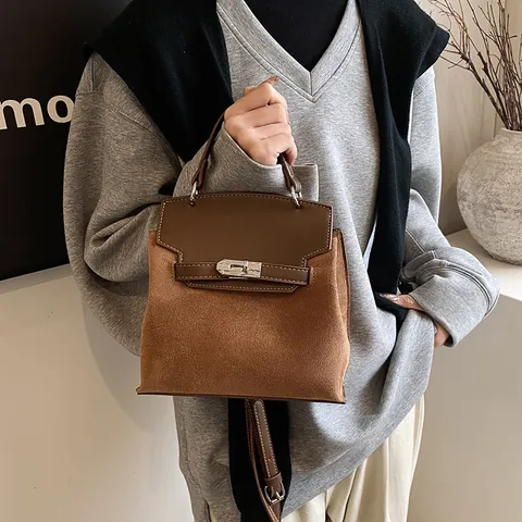Bolso Bandolera de Mujer Vintage de Cuero de PU Esmerilado Empalmado Forma de Trapecio con Cierre Metálico Asa Superior Correa de Hombro