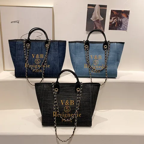 Borsa Tote in Denim di Grande Capacità Con Tracolla a Catena Lettere Ricamate Borsa a Mano Vintage Borsa a Spalla