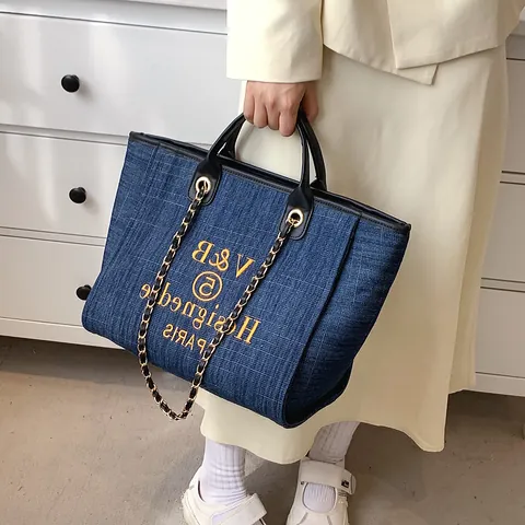 Borsa Tote in Denim di Grande Capacità Con Tracolla a Catena Lettere Ricamate Borsa a Mano Vintage Borsa a Spalla