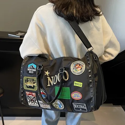 Women Large Capacity Travel Duffel Bag Vintage Nylon Tote With Embroidery Patches Rivets Multi-Functional Crossbody Handbag