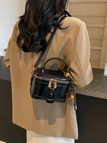 Bolso de Caja Vintage para Mujer de Cuero PU Brillante Vanity Case Con Asa Superior y Correa de Hombro Ajustable