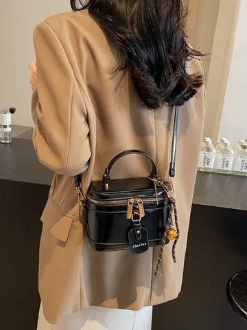 Bolso de Caja Vintage para Mujer de Cuero PU Brillante Vanity Case Con Asa Superior y Correa de Hombro Ajustable