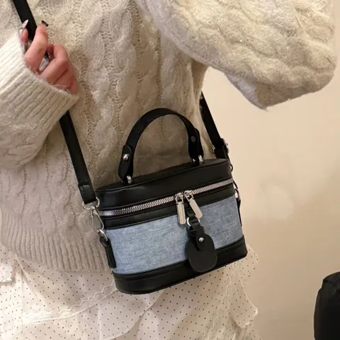 Borsa a Secchiello in Pelle PU Patchwork di Moda per Donna Squisita Borsa a Tracolla Portatile Con Tracolla Regolabile