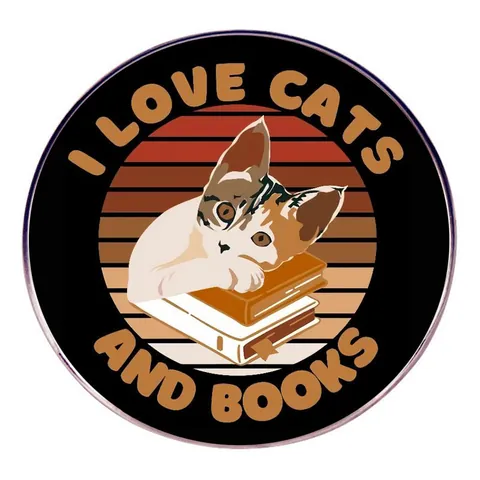I Love Cats And Books Retro Round Enamel Pin Brooch Metal Badge For Clothes Backpack Hat Accessories Jewelry Gift For Fans
