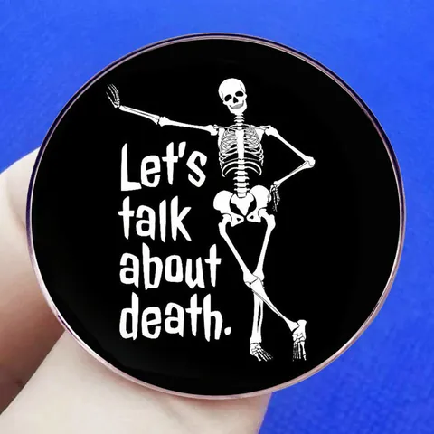 Let's Talk About Death Round Alloy Badge Gothic Cartoon Skull Pin Enamel Brooch For Halloween Party Decorative Metal Jewelry Gift