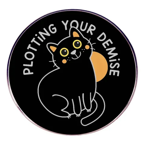 Funny Black Cat Plotting Your Demise Enamel Pin Round Alloy Cartoon Animal Brooch Badge For Clothing Bags Jewelry Gift