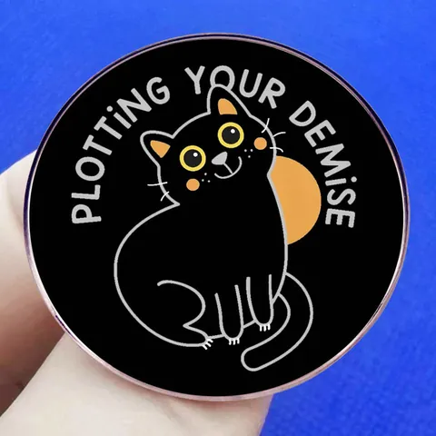 Funny Black Cat Plotting Your Demise Enamel Pin Round Alloy Cartoon Animal Brooch Badge For Clothing Bags Jewelry Gift