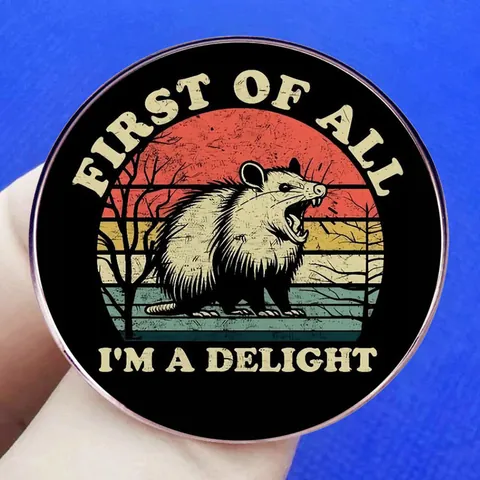 Funny Opossum First Of All I'm A Delight Enamel Pin Vintage Sunset Screaming Possum Brooch Cartoon Animal Metal Badge Jewelry For Backpack