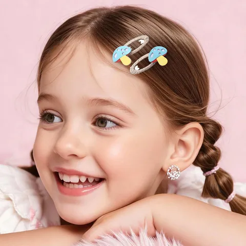 Barrettes à Cheveux Champignon Dessin Animé Mignonnes pour Enfants Filles Pinces BB en Cuir Synthétique Accessoires de Cheveux en Tissu