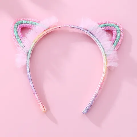Meisjes Kattenoren Haarband Regenboog Pailletten Glitter Roze Gaas Tule Voor Feest Kostuum Kinderen Haaraccessoires