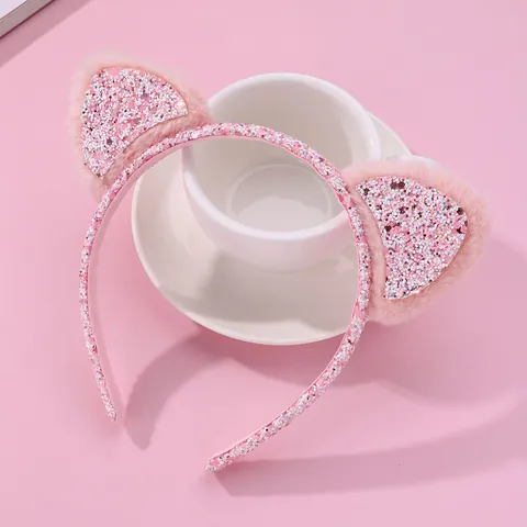 Pinkfarbenes Katzenohr-Haarband Leuchtendes LED Haarschmuck Pailletten Plüsch Süß Niedlich Mode Mädchen Party Dekoration Kopfschmuck
