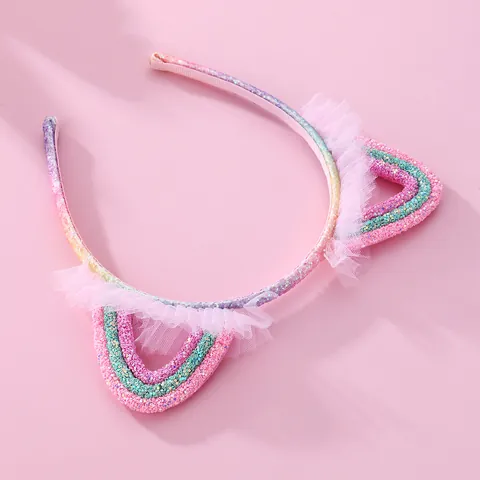 Meisjes Kattenoren Haarband Regenboog Pailletten Glitter Roze Gaas Tule Voor Feest Kostuum Kinderen Haaraccessoires