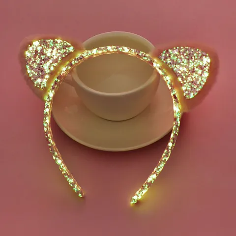 Pinkfarbenes Katzenohr-Haarband Leuchtendes LED Haarschmuck Pailletten Plüsch Süß Niedlich Mode Mädchen Party Dekoration Kopfschmuck