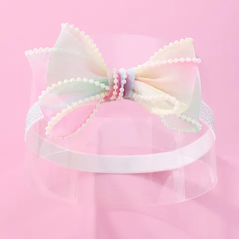 Children Sweet Rainbow Mesh Bowknot Hair Band With Faux Artificial Pearl Accents Glitter Elastic Princess Headband For Toddler Girls