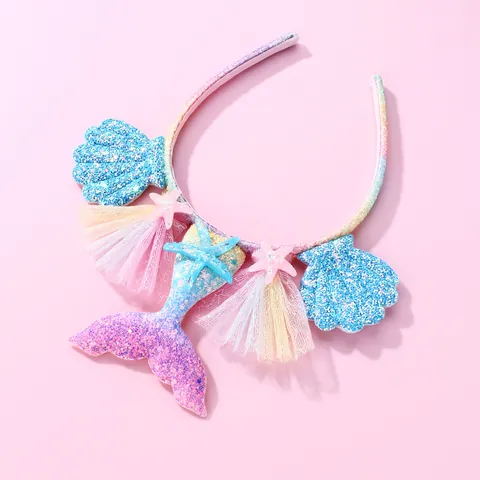 Sequin Mermaid Tail Starfish Shell Headband With Tulle Rainbow Glitter Hair Accessory For Kids Girls Birthday Party Gift