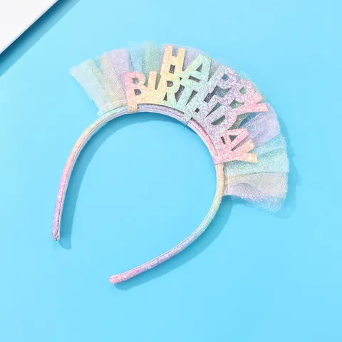 Serre-tête Happy Birthday à Paillettes Arc-en-ciel Avec Tulle Mesh Bandeau Cheveux Let's Party Pour Filles Fournitures De Fête
