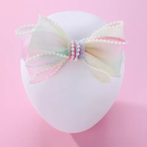 Children Sweet Rainbow Mesh Bowknot Hair Band With Faux Artificial Pearl Accents Glitter Elastic Princess Headband For Toddler Girls