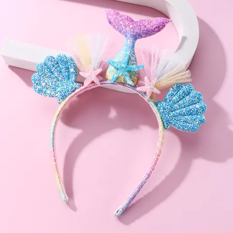 Sequin Mermaid Tail Starfish Shell Headband With Tulle Rainbow Glitter Hair Accessory For Kids Girls Birthday Party Gift