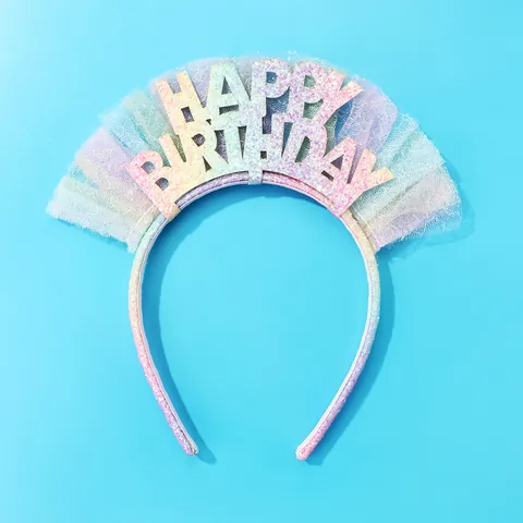 Serre-tête Happy Birthday à Paillettes Arc-en-ciel Avec Tulle Mesh Bandeau Cheveux Let's Party Pour Filles Fournitures De Fête