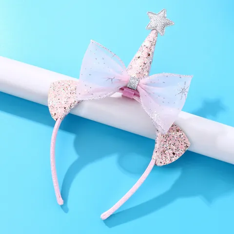 Kids Pink Sequin Headband With Large Mesh Bow Silver Star Cat Ear Party Hat Unicorn Style Headpiece For Birthday Party Girls Hair Accessories