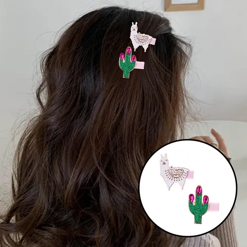 Kids Sweet Cartoon Alpaca Cactus Hair Clips Set Handmade Glitter Fabric Rhinestone Sweet Hairpins For Girls Daily Accessories