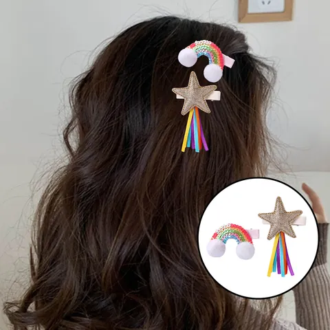 Lot de Barrettes à Cheveux Enfant Étoile Arc-en-Ciel Doux Paillettes Pompon Gland Ruban Épingle à Cheveux pour Filles Accessoires Cheveux