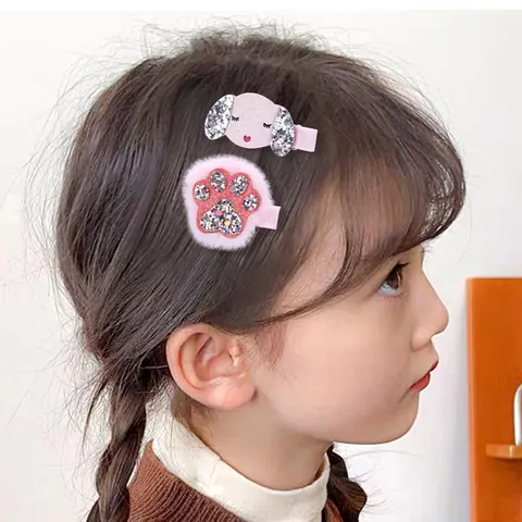 Cute Pink Cartoon Dog And Cat Paw Hair Clips For Kids Glitter Fabric Faux Fur Animal Shaped Barrettes Sweet Hair Jewelry