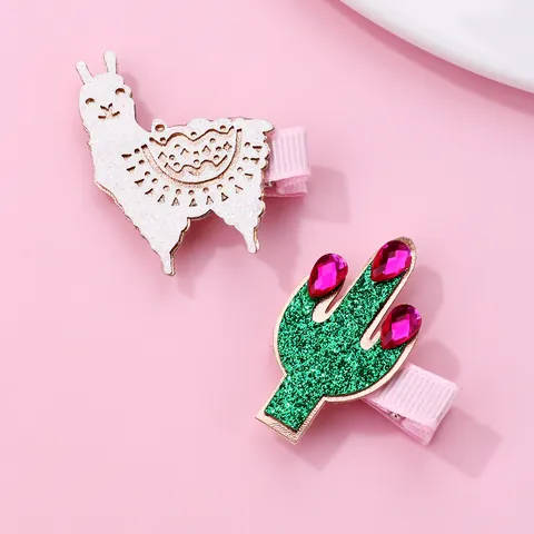 Kids Sweet Cartoon Alpaca Cactus Hair Clips Set Handmade Glitter Fabric Rhinestone Sweet Hairpins For Girls Daily Accessories