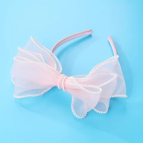 Diadema para Niños de Lazo de Organza Rosa con Adorno de Perlas de Imitación Blancas Accesorios para el Cabello Hechos a Mano para Niñas