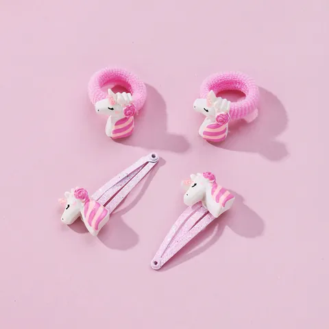 Kids Cartoon Unicorn Hair Accessories Resin Glitter Hair Clips And Elastic Hair Ties For Girls Pink White Styling Decor