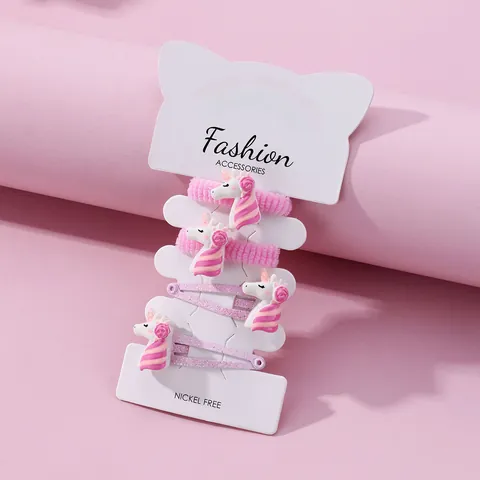 Kids Cartoon Unicorn Hair Accessories Resin Glitter Hair Clips And Elastic Hair Ties For Girls Pink White Styling Decor