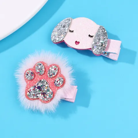 Cute Pink Cartoon Dog And Cat Paw Hair Clips For Kids Glitter Fabric Faux Fur Animal Shaped Barrettes Sweet Hair Jewelry
