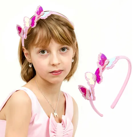 Sweet Children's Butterfly Sequin Headband For Girls Pink Glitter Fabric Hair Band Fashionable Birthday Party Hair Accessories