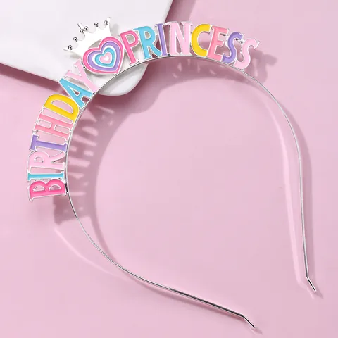 Serre-tête Couronne en Alliage avec Lettres Birthday Princess Colorées pour Enfants Filles Goutte d'Huile Cœur Accessoires Cheveux Fête d'Anniversaire