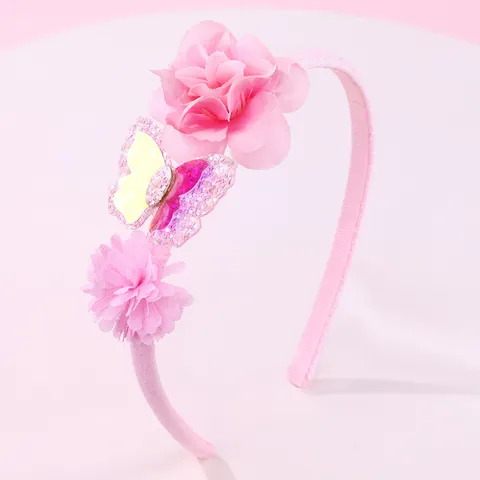 Sweet Pink Kids Headband With Glitter 3D Butterfly And Silk Look Fabric Flowers Handmade Hair Accessories For Girls Party
