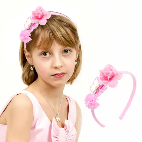 Sweet Pink Kids Headband With Glitter 3D Butterfly And Silk Look Fabric Flowers Handmade Hair Accessories For Girls Party