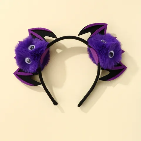Purple Black Halloween Bat Plush Pom Pom Headband With Googly Eyes For Kids Creative Party Cosplay Hair Accessories