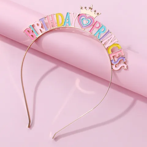Serre-tête Couronne en Alliage avec Lettres Birthday Princess Colorées pour Enfants Filles Goutte d'Huile Cœur Accessoires Cheveux Fête d'Anniversaire