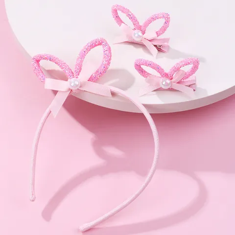 3Pcs Pink Glitter Bunny Ears Bow Hair Accessory Set Faux Artificial Pearl Headband And Hair Clips For Kids Girls Cute Cartoon Decor